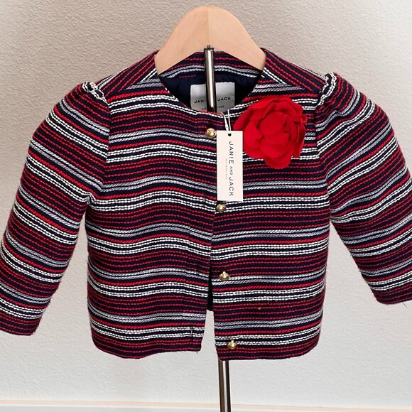 Janie and Jack Red Navy White Striped Tweed Blazer with Rose Bow - NWT - Picture 1 of 6